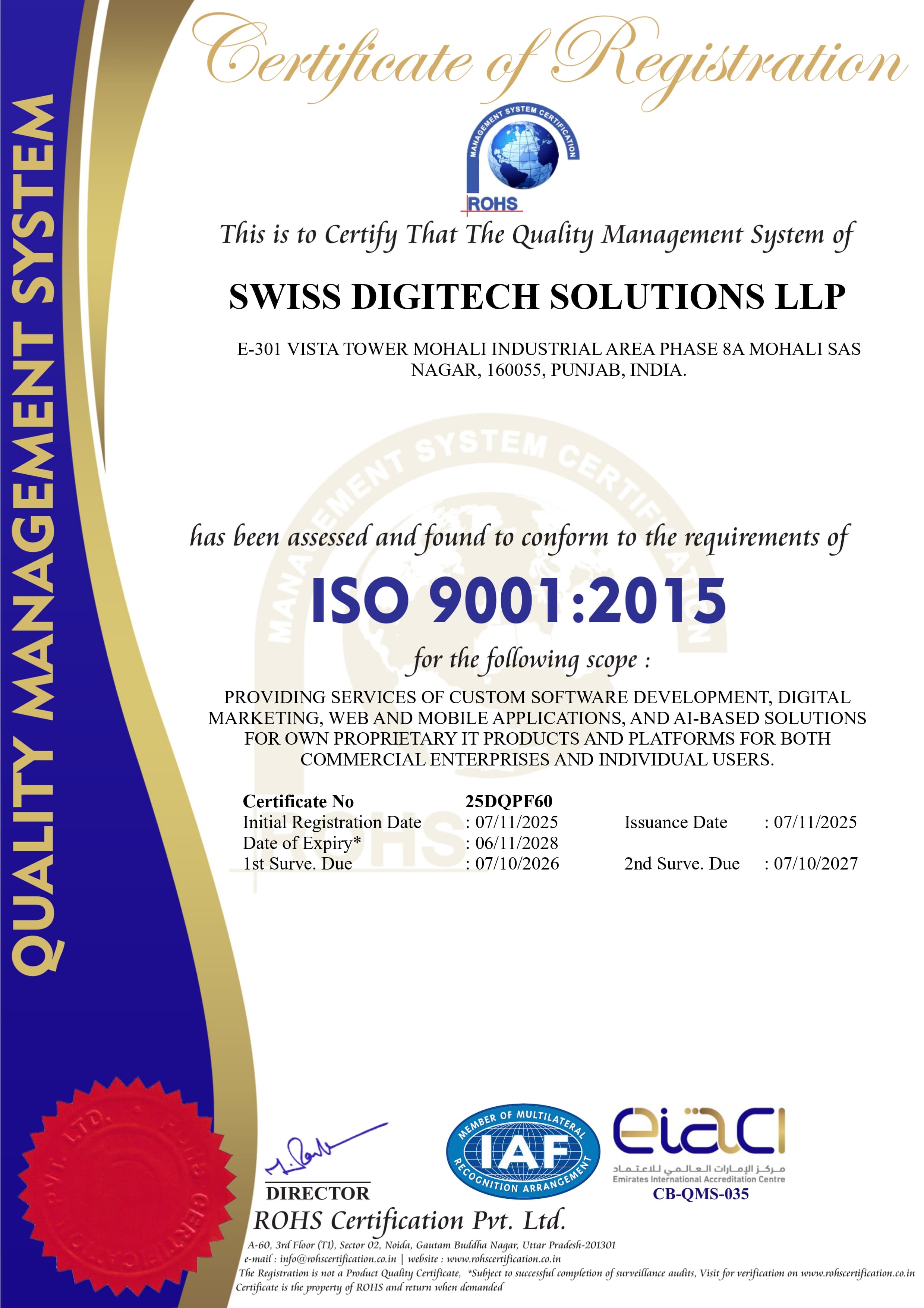 Official ISO 9001:2015 Quality Management System Certificate for Prodexo.ai